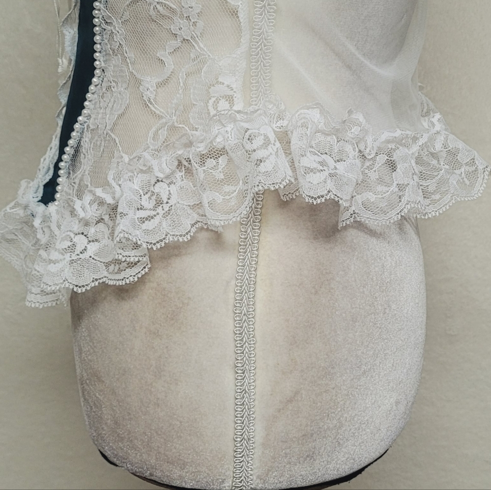 Frederick's Of Hollywood Vintage White Lace Teal Satin Lace-up Corset Lingerie S - Picture 7 of 12